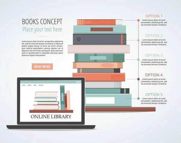 Une pile de livres et d'ordinateurs portables. Concept d'apprentissage en ligne. Infographie éducative — Image vectorielle