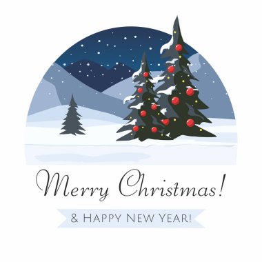 Mutlu Noeller ve mutlu yıllar kartı. Firavun ağacı ve Dağ Kış manzarası.
