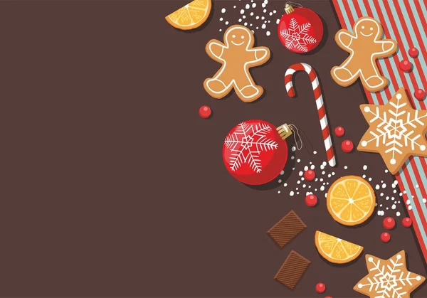 Neujahr und Weihnachten Hintergrund mit Plätzchen, süße Speisen und Weihnachtskugeln. Ansicht von oben. — Stockvektor