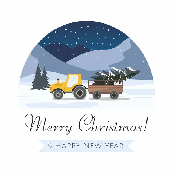 お正月とメリークリスマス。トレーラーとモミの木と黄色のトラクター。夜の冬の風景. — ストックベクタ