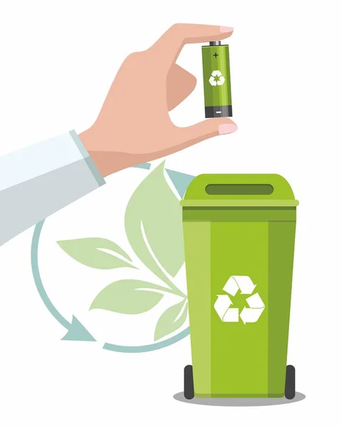 Koncepcja recyklingu baterii i odpadów. Człowiek trzyma baterię nadającą się do recyklingu. — Wektor stockowy
