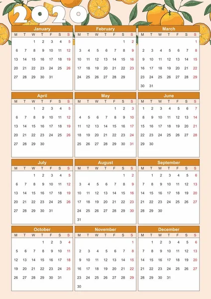 Ημερολόγιο έτος 2020 με χειροποίητα σχέδια φέτες πορτοκαλιού μοτίβο — Διανυσματικό Αρχείο
