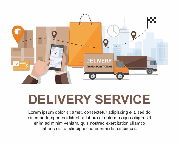 Serviço de entrega. Logística de negócios, tecnologias de logística inteligente, conceito de serviço de entrega comercial. Infográfico —  Vetores de Stock