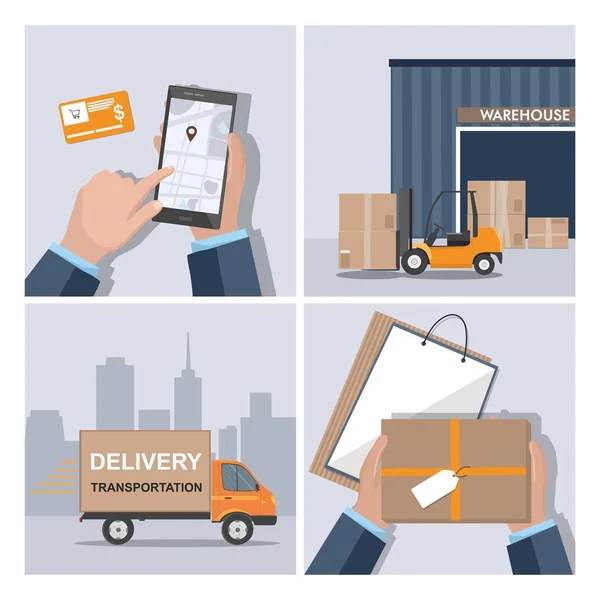 Servicio de entrega infografía. Logística empresarial, tecnologías logísticas inteligentes, concepto de servicio de entrega comercial . — Vector de stock
