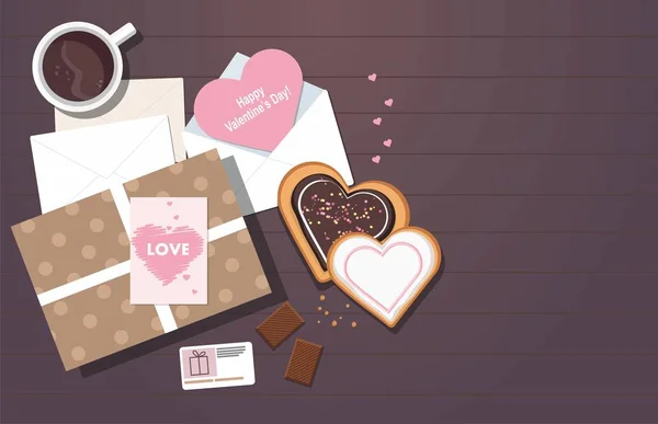 Valentinstag. Valentinskarte, Becher mit Kaffee, Keksen und Geschenkbox. Ansicht von oben. — Stockvektor
