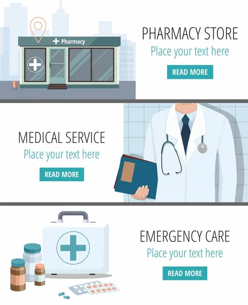 Set of medical web banners. Doctor, first aid kid with pills and pharmacy store — Stock Vector