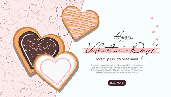 Banner web di San Valentino. Biscotti a forma di cuore con smalto. Vista dall'alto . — Vettoriale Stock
