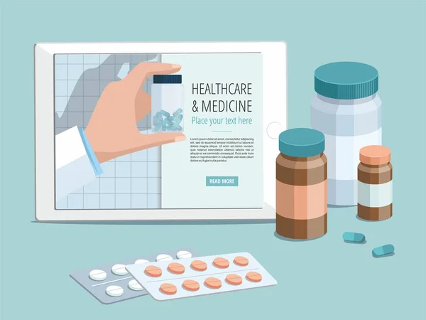 Des médicaments. Main du médecin montrant bouteille de pilules sur tablette numérique . — Image vectorielle