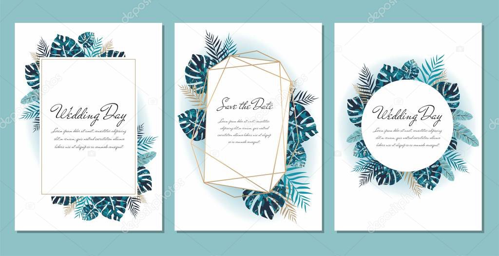 Colorful greeting card with exotic leaves. Vector template