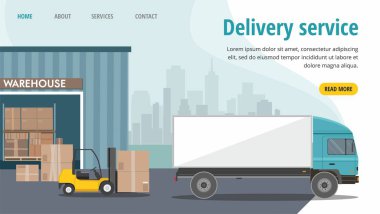 Depodaki forklift kamyonu. Kamyon yükleniyor. Web pankartı