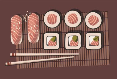 Sushi roll with salmon. Japanese cuisine. Top view.