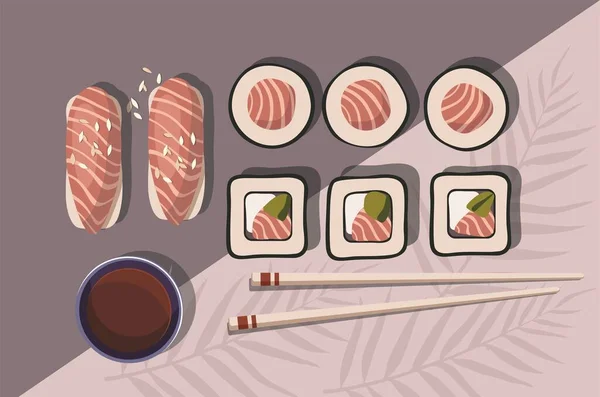 Rollo de sushi con salmón. Cocina japonesa. Vista superior . — Archivo Imágenes Vectoriales