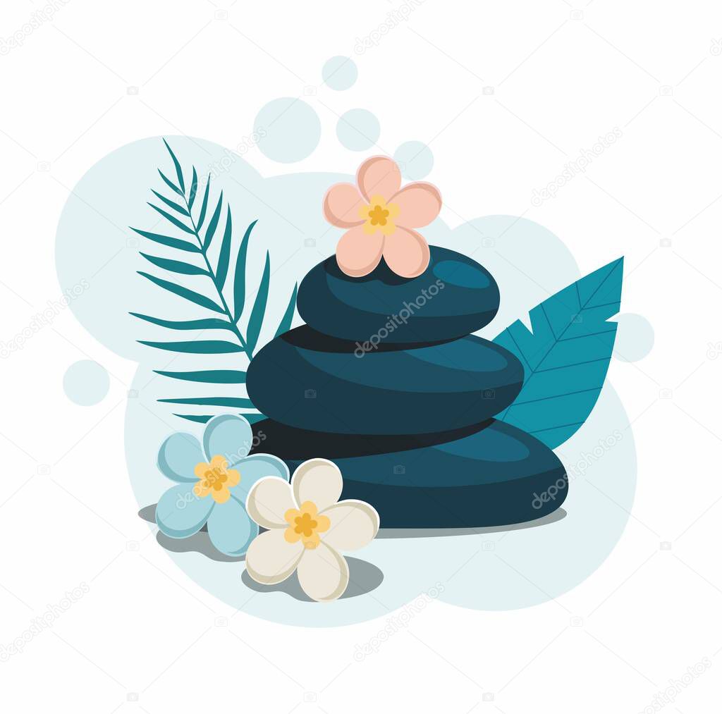 Spa stones with flowers isolated on light blue background