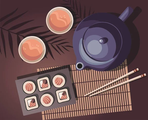 Théière, tasses de thé et sushis roulent avec du saumon sur des feuilles exotiques. Cuisine japonaise. Vue de dessus. Vecteur — Image vectorielle