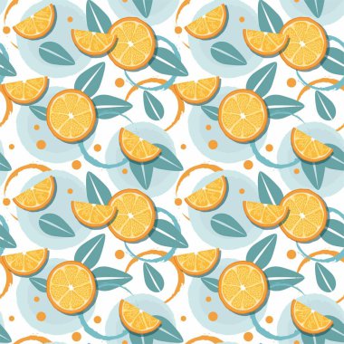 Beyaz arka planda portakal ve yaprak dilimleri. Yaz tropikal deseni. 
