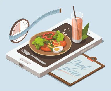 Cep telefonunda sebze salatası ve bir bardak meyve suyu. Kilo verme konsepti. Isometric