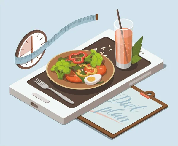 Vegetable salad and glass of juice on mobile phone. Weight loss concept. Isometric — Stock Vector