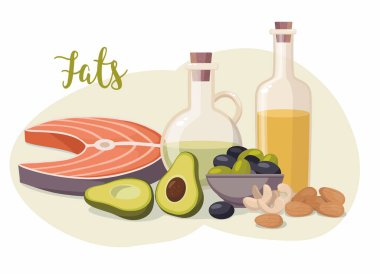 Yüksek yağlı besinler beyazda izole edilmiş. Zeytinyağı, zeytin, avokado, balık ve fındık.