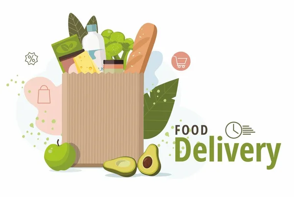 Comida en bolsa de papel. Servicio de entrega de alimentos concepto, pedido en línea . — Archivo Imágenes Vectoriales
