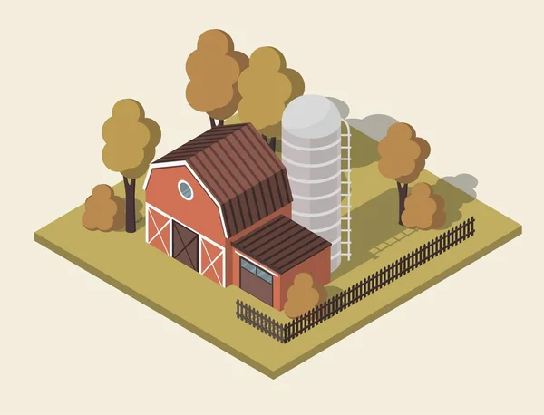 Granja rural casa 3d isométrica. Campos agrícolas Paisaje rural — Vector de stock