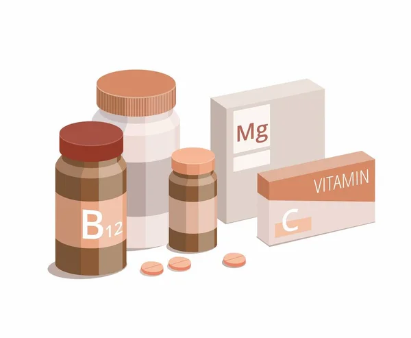 Bouteilles vitaminiques et pilules médicales sur fond blanc . — Image vectorielle