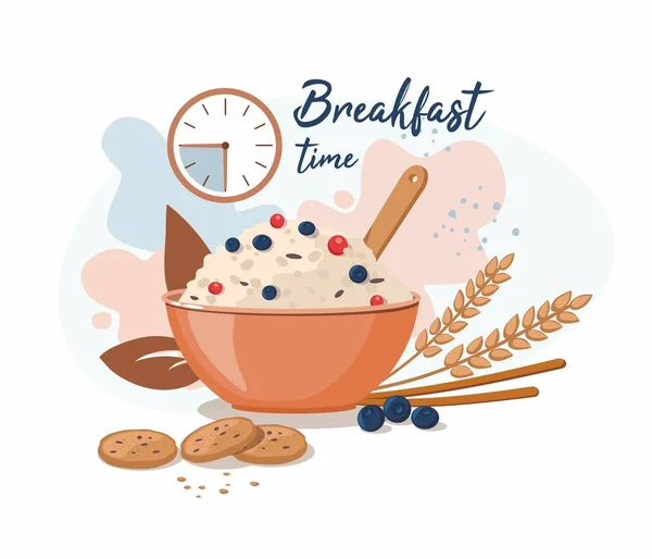 Oatmeal porridge with blueberry in ceramic bowl. Breakfast time. — Stock Vector