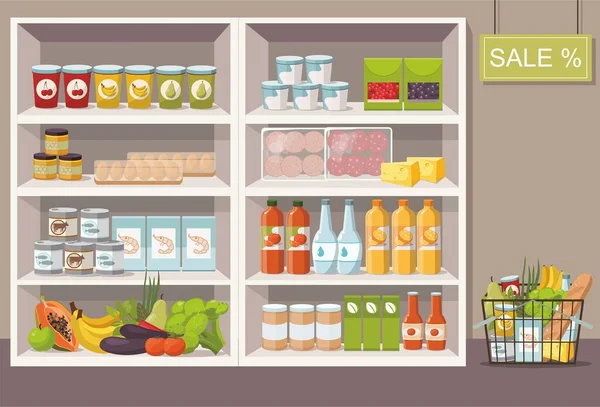 Supermarkt-Interieur mit Regalen voller unterschiedlicher Produkte. Voller Warenkorb. — Stockvektor