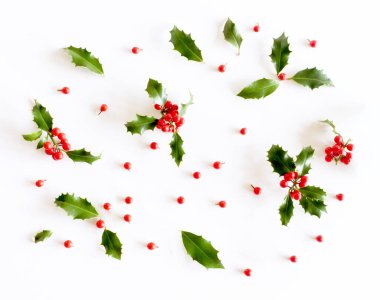 Noel holly Ilex aquifolium beyaz masa arka plan üzerinde izole. Dökmeyen kırmızı çilekli yapraklar. Dekoratif çiçek çerçeve, web afiş. Düz yatıyordu, üstten bak. Tatil metni için boş alan.