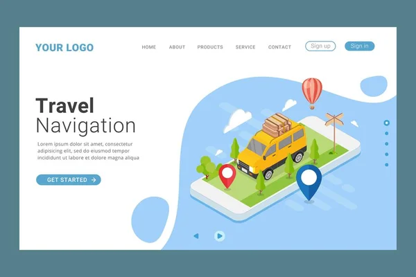 Travel Navigation Landing Page Template Design Concept Vector Illustration — Stock Vector