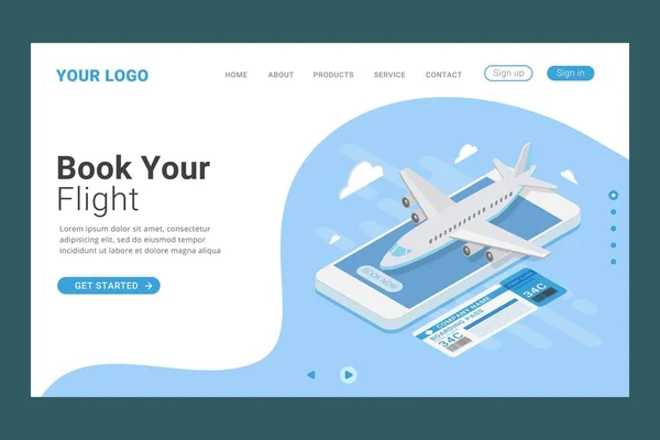 Flugticket Online Buchen Zielseite Vorlage Design Konzept Vektor Illustration — Stockvektor