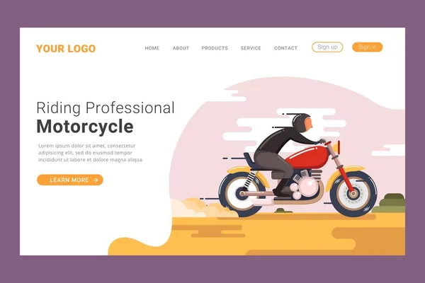 Montar Motocicleta Landing Page Plantilla Concepto Vector Ilustración — Vector de stock