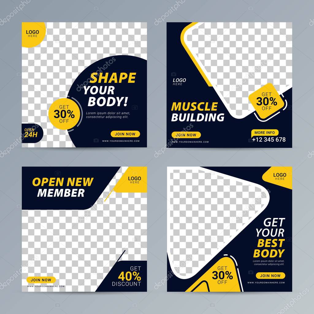 Fitness gym social media post square banner template for fitness studio promotion