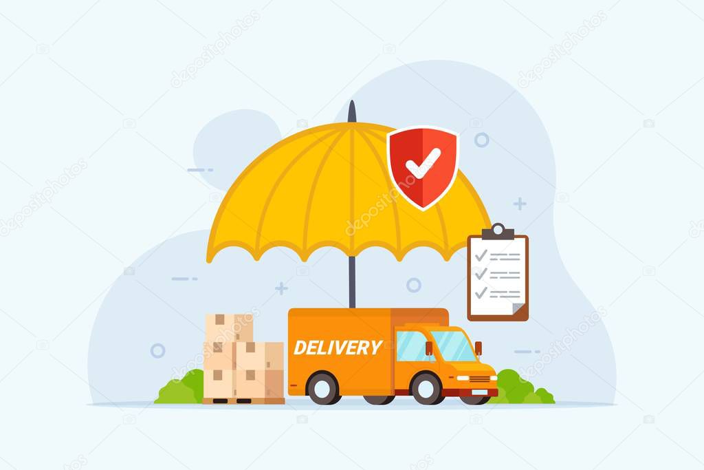 Delivery Insurance design concept with umbrella protection flat vector illustration