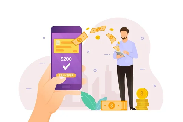 Online Overschrijving Geld Met Mobile Banking Ontwerp Concept Vector Illustratie — Stockvector