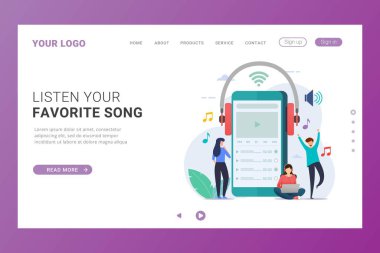 Mobil aygıt tasarımı kavramına sahip çevrimiçi müzik uygulaması iniş sayfası şablonu