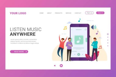 Mobil aygıt tasarımı kavramına sahip çevrimiçi müzik uygulaması iniş sayfası şablonu