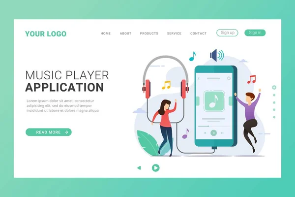 Modèle Page Accueil Application Musique Ligne Avec Concept Conception Appareil — Image vectorielle