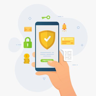 Akıllı telefon koruma tasarımı konsepti. Mobil aygıt güvenlik vektörü çizimi
