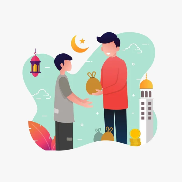 Man Giving Sadaqa Poor People Flat Vector Cartoon Illustration Ramadhan — Stock Vector