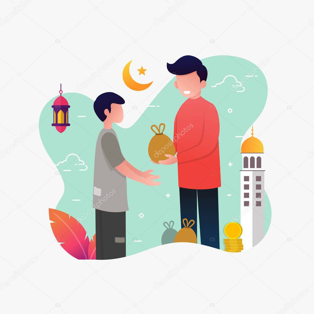 A man giving sadaqa to poor people flat vector cartoon illustration ramadhan kareem