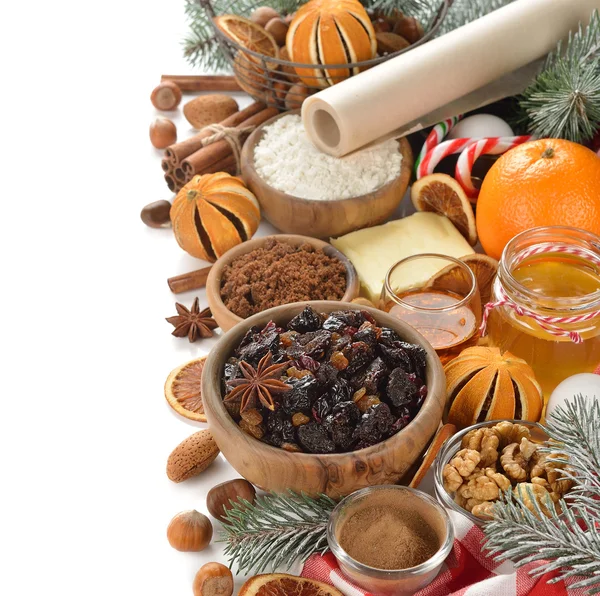 Ingredients to bake traditional Christmas fruit cake — Stock Photo, Image