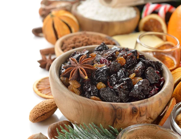 Ingredients to bake traditional Christmas fruit cake — Stock Photo, Image