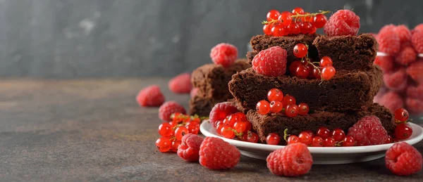 Choklad brownies med hallon och vinbär — Stockfoto