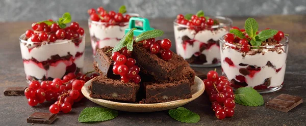 Pastel de chocolate con grosellas rojas — Foto de Stock