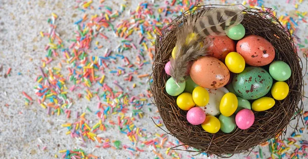 Decorative easter eggs in a nest — Stock Photo, Image