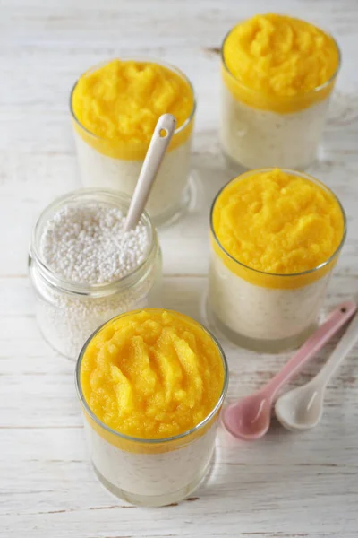 Budino Tapioca Con Purea Mango Fondo Bianco — Foto Stock