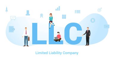Büyük kelime ya da metin ile llc kavramı ve modern düz stile sahip takım insanları - vektör