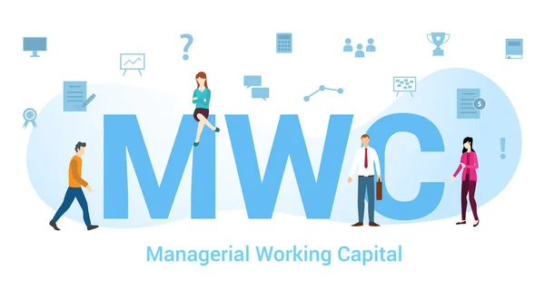 Concepto de capital de trabajo de gestión mwc con gran palabra o texto y personas de equipo con estilo plano moderno - vector — Vector de stock