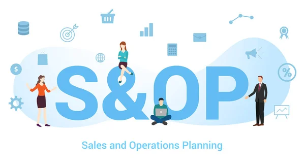 S & op satış ve işletim planlama konsepti büyük kelime veya metin ve modern düz stile sahip takım insanları - vektör — Stok Vektör