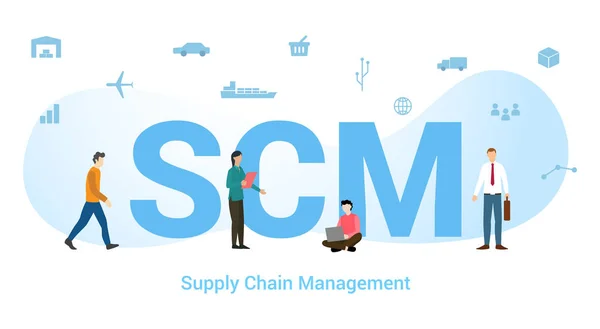 Scm supply chain management koncept med stora ord eller text och team människor med modern platt stil - vektor — Stock vektor